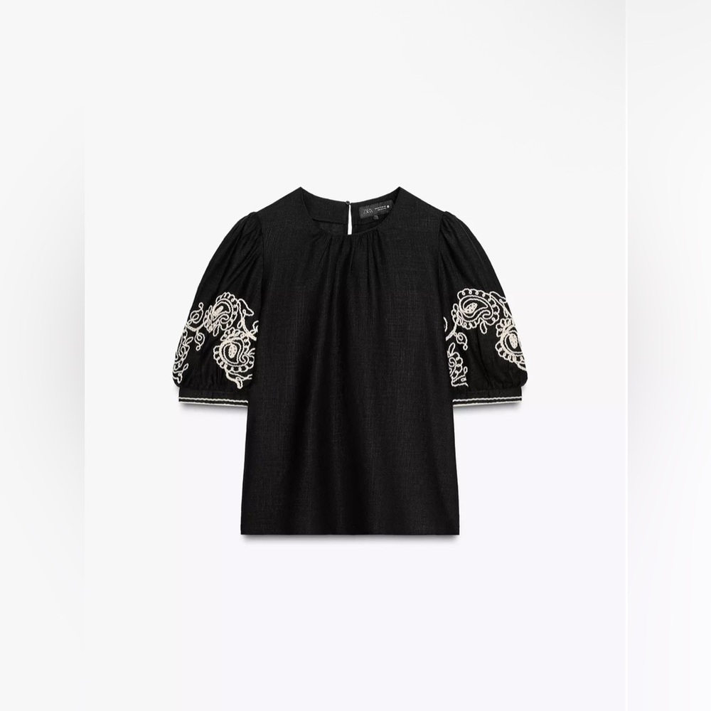 Zara ZW COLLECTION LINEN BLEND EMBROIDERED TOP